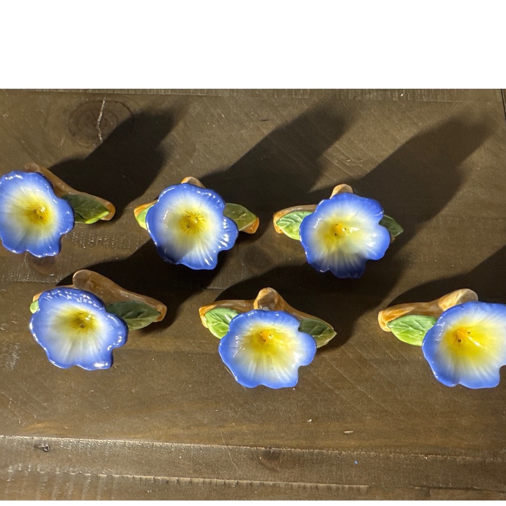Vintage 1985 Pia Bone China Blue Morning Glory Napkin Rings Set of 6 Floral